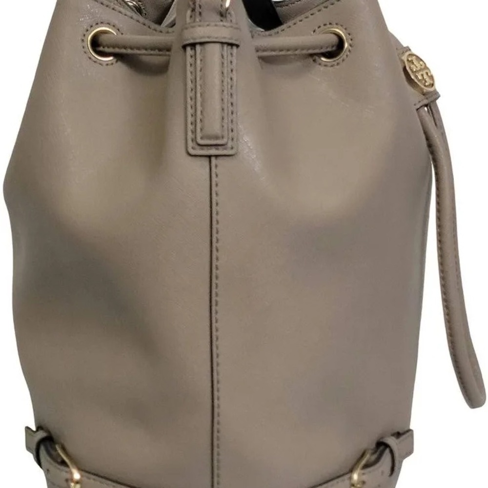 Tory Burch Taupe Leather Drawstring Bucket Shoulder Bag - Picture 2 of 6